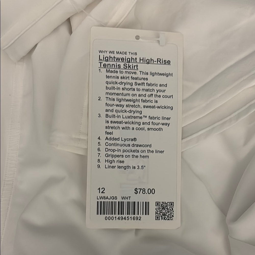 LULULEMON White High-Rise Tennis Skirt
